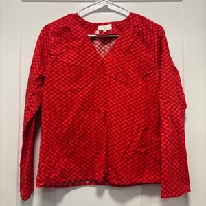 Rareism Somkyu-T Red Geometric Pattern V-Neck Cotton Long Sleeve Top XS